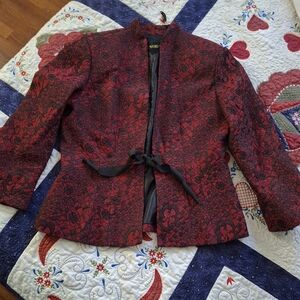 Studio 1 Black & Red Metalic Brocaide Women's Sz 10 Tie Front Jacket Lined Excel
